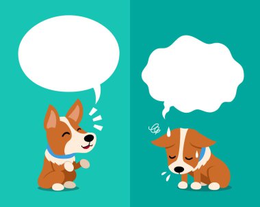 Vektör karikatür Corgi köpek tasarım için konuşma kabarcıkları ile farklı duygular ifade.