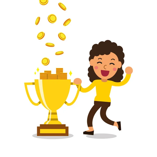 Cartoon a woman earning money with trophy for design.