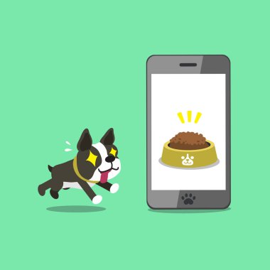 Tasarım için karikatür karakteri boston terrier köpek ve akıllı telefon.