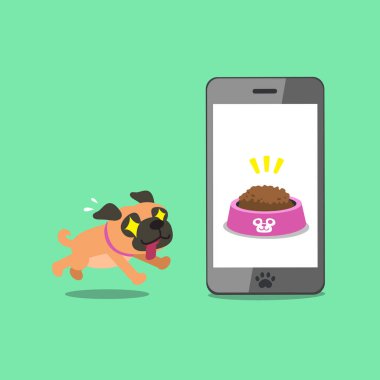 Tasarım için çizgi film karakteri sevimli pug köpek ve akıllı telefon.