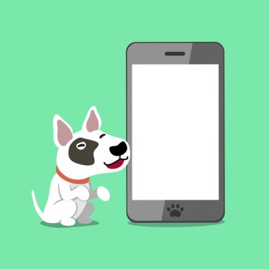 Vektör çizgi film karakteri boğa terrier köpek ve tasarım için akıllı telefon.