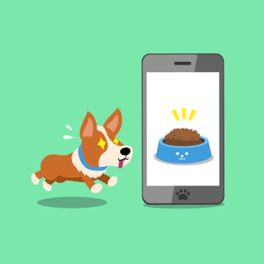 Tasarım için çizgi film karakteri sevimli corgi köpek ve akıllı telefon.