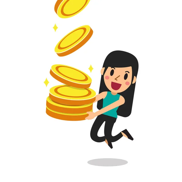 Business Concept Vector Cartoon Vrouw Met Grote Munten Stack Voorontwerp — Stockvector