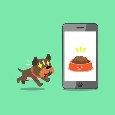 Tasarım için çizgi film karakteri sevimli pitbull terrier köpek ve akıllı telefon.