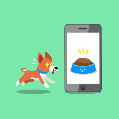 Tasarım için çizgi film karakteri sevimli basenji köpek ve akıllı telefon.