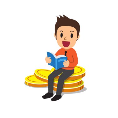 İşadamı kitap okuma ve tasarım için büyük para sikke yığını üzerinde oturan.