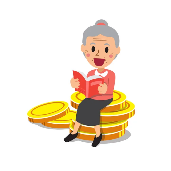 Старшая Женщина Читает Книгу Сидит Стопке Монет Большие Деньги Дизайна — стоковый вектор