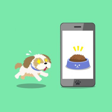 Karikatür karakter sevimli Shih Tzu köpek ve akıllı telefon tasarım.