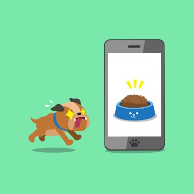 Karikatür karakter sevimli Bulldog ve akıllı telefon tasarım.