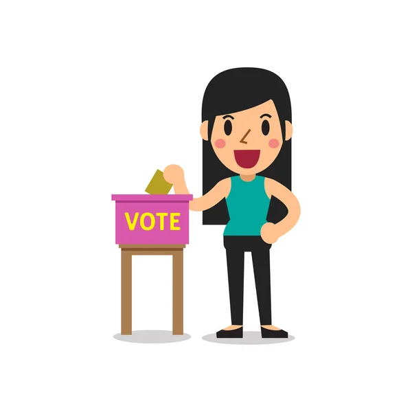 Donna Dei Cartoni Animati Mettere Carta Voto Nella Scheda Elettorale — Vettoriale Stock