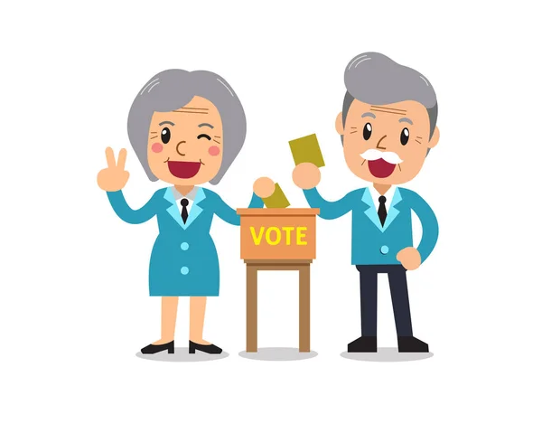 Dibujos Animados Senior Hombre Mujer Poniendo Papeletas Votación Las Urnas — Vector de stock