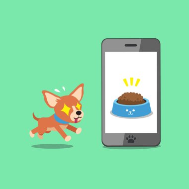 Tasarım için çizgi film karakteri sevimli chihuahua köpek ve akıllı telefon.