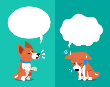 Karikatür karakter basenji köpek tasarım için konuşma kabarcıkları ile farklı duygular ifade.