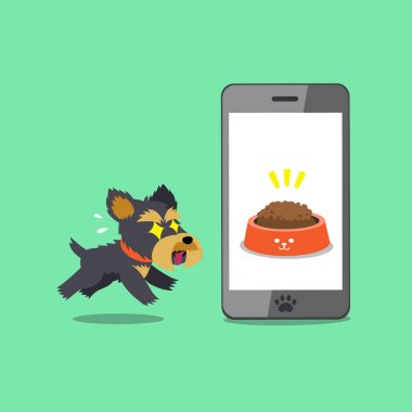 Karikatür karakteri sevimli yorkshire terrier köpek ve tasarım için akıllı telefon.
