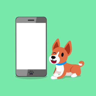 Karikatür karakteri tasarım için bir basenji köpek ve akıllı telefon.