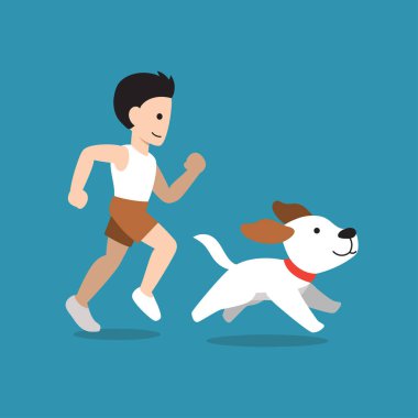 Karikatür adam tasarım için köpeği ile çalışan.