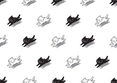 Vektör çizgi film karakteri sevimli beyaz ve siyah kediler tasarım için sorunsuz desen arka plan.