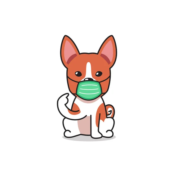 Cartoon Character Basenji Dog Wearing Protective Face Mask Design — Stock Vector