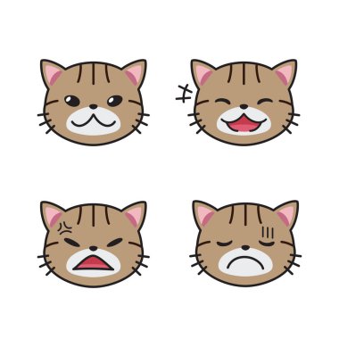 Tasarım için farklı duyguları gösteren tekir kedi yüzlerinin vektör karikatür kümesi.