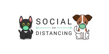 Covid-19 koruma konsepti. Tasarım için koruyucu yüz maskesi takan kedi ve köpek sosyal mesafeler..