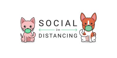 Covid-19 koruma konsepti. Çizgi film kedileri ve köpek koruyucu yüz maskesi takıyor. Tasarım için sosyal mesafeler..