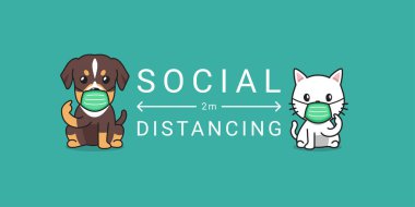 Covid-19 koruma konsepti. Çizgi film kedileri ve köpek koruyucu yüz maskesi takıyor. Tasarım için sosyal mesafeler..