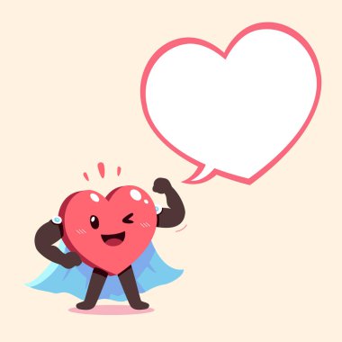 Tasarım için süper kahraman pelerini ve konuşma balonu olan vektör kalp karakteri.