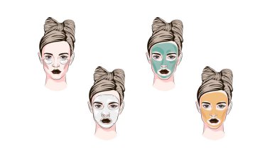 yamalar bir maske, kozmetik, taslağını gözleri altında nasıl kozmetik maskesi çizgi renk simgeleri uygulamak için ayarla