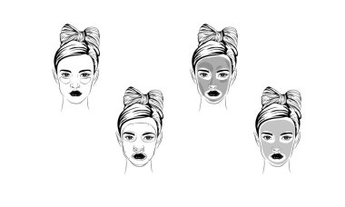 yamalar bir maske, kozmetik, taslağını gözleri altında nasıl kozmetik maskesi çizgi renk simgeleri uygulamak için ayarla