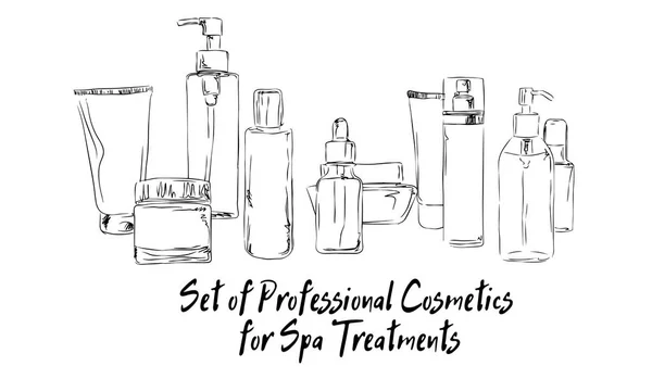 set of professional cosmetics for spa treatments drawn handle by hand illustration, sketch of cosmetics