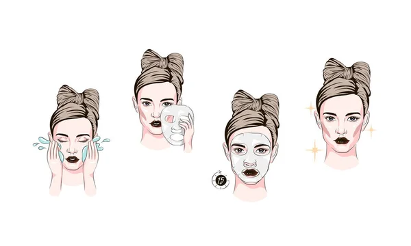 cloth mask cosmetics, sketch of cosmetics, how to apply facial cosmetic mask line color icons set