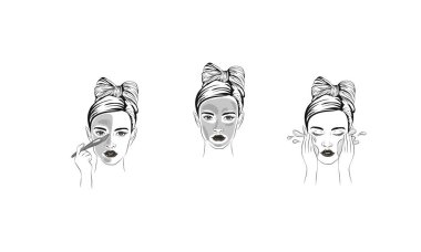 Kozmetik maskesi uygulamak için satır rengi Icons set nasıl adımlar ile kozmetik maskeleme, güzel bir cilt için cilt bakımı için kroki kozmetik, kız yüz maskesi kullanır