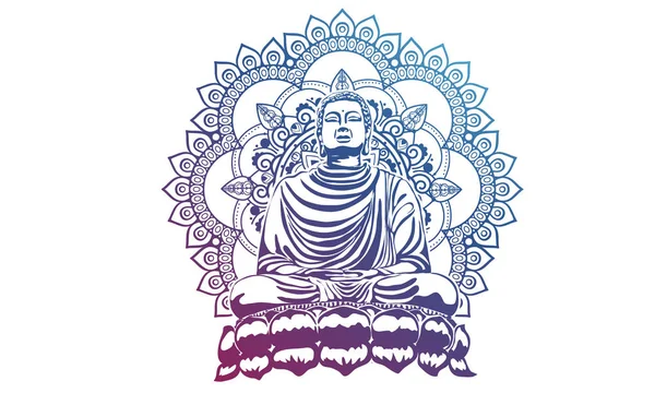 Buddha Nad Zdobené Mandala Kolo Vzor Esoterické Zářící Buddha Meditaci — Stockový vektor