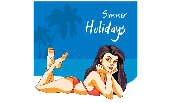 ビーチでビキニでセクシーな女の子の水着ビキニ こんにちは夏 休日の少女 — ストックベクタ