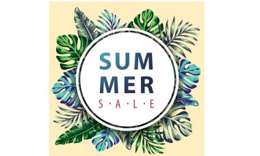 Egzotik çiçekleri olan ve vektör tasarımlı tropikal koleksiyonu beyaz, tropikal çiçekler ve palmiyeler üzerinde izole edilmiş elementler bırakıyor.