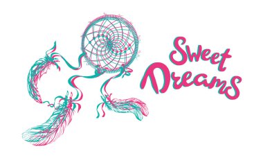 beyaz el çiçek detayları ve tüyler ile çizilmiş dreamcatcher, düz etnik baskı tasarımı dreamcatcher uyku tatlı rüyalar yazı