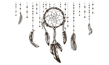 beyaz el çiçek detayları ve tüyler ile çizilmiş dreamcatcher, düz etnik baskı tasarımı dreamcatcher uyku tatlı rüyalar yazı
