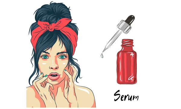 woman take care about face steps how to apply facial serum line, steps how to use skin care cute style, facial care steps