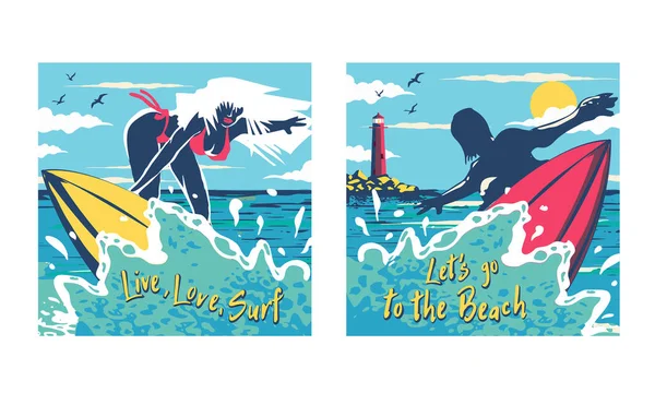 Surfen Man Een Strand Palm Zand Oceaan Achtergrond Banner Site — Stockvector