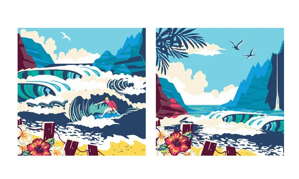 Surfen Man Een Strand Palm Zand Oceaan Achtergrond Banner Site — Stockvector