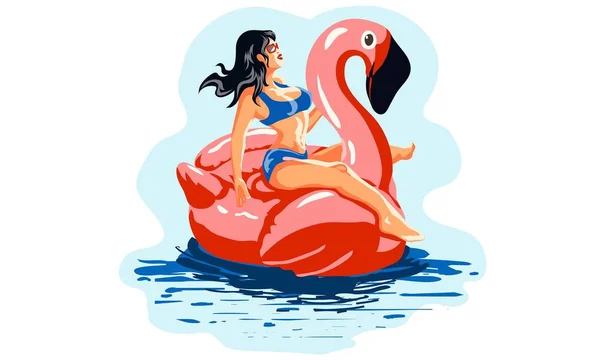Menina Piscina Flamingo Rosa Abstrato Verão Tempo Ilustração Cartão Com —  Vetores de Stock