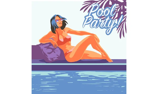 Beautiful Woman Lying Beach Towel Swimming Pool Top View Pretty — Stock Vector