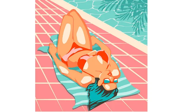 Beautiful Woman Lying Beach Towel Swimming Pool Top View Pretty — Stock Vector