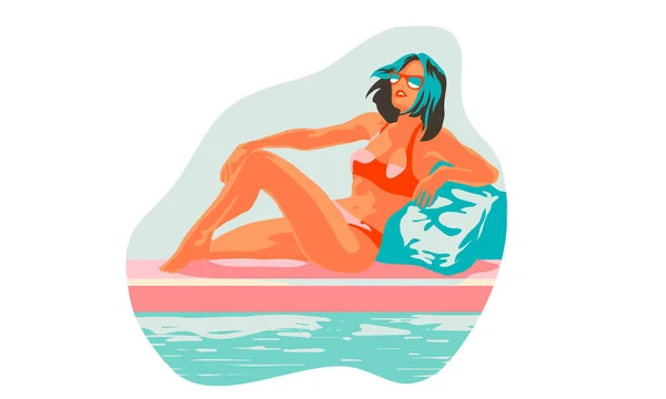 Beautiful Woman Lying Beach Towel Swimming Pool Top View Pretty — Stock Vector