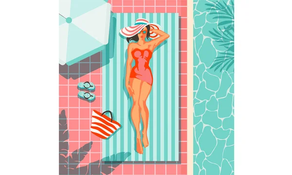 Belle Femme Couchée Sur Serviette Plage Près Piscine Vue Dessus — Image vectorielle