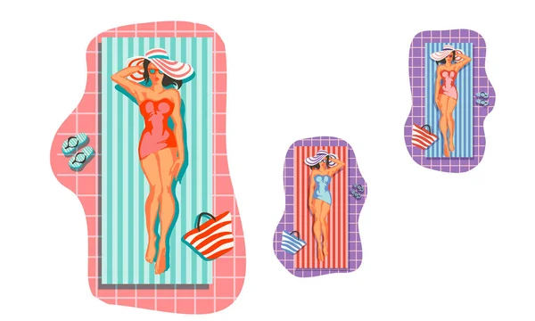 Mooie Vrouw Liggend Het Strandhanddoek Boven Aan Zwembad Bekijken Van — Stockvector