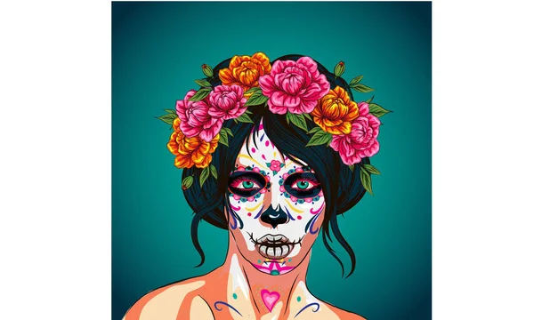 Dia Los Muertos日のザ死んだメキシコの休日ベクトルポスターバナーとカードとともに Anta Muerte女性作ります砂糖頭蓋骨の女の子顔とともに花花輪手描き — ストックベクタ
