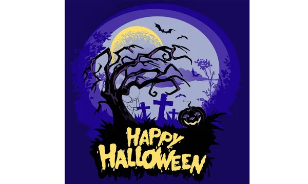 Postcard Wish Good Halloween Lantern Pumpkin Cemetery Halloween Night Background — Stock Vector