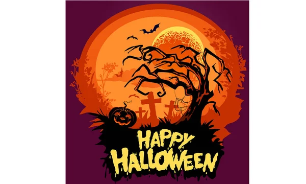 Carte Postale Avec Souhait Bon Halloween Lanterne Citrouille Dans Cimetière — Image vectorielle