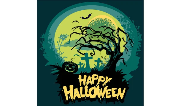 Cartolina Con Desiderio Buon Halloween Lanterna Zucca Nel Cimitero Sfondo — Vettoriale Stock